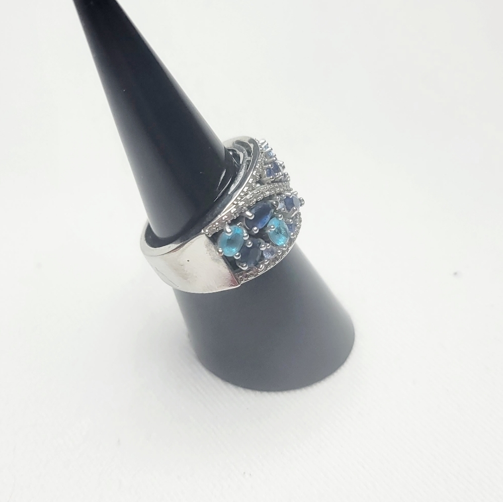 **SOLD** .925 sterling silver aquamarine & sapphire ring size 6.5 - Picture 3 of 6